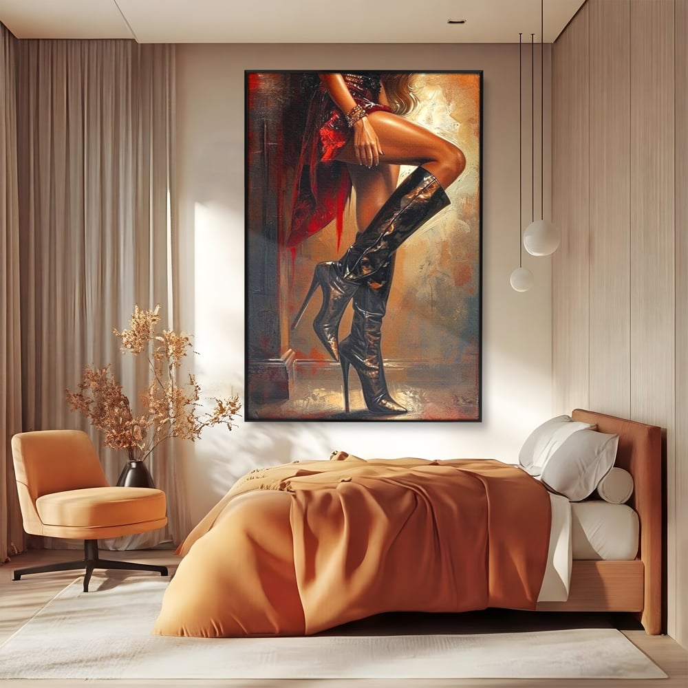 Tablou canvas cu pictura cu picioare feminine in cizme, in rama de aluminiu negru, pe perete intr-un dormitor